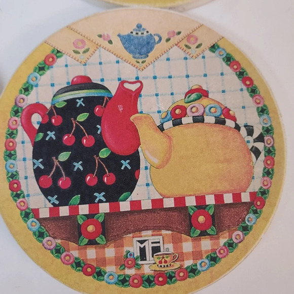 Set of 4 Mary Engelbreit Teapots Drink Coasters Cork Back - Picture 5 of 10